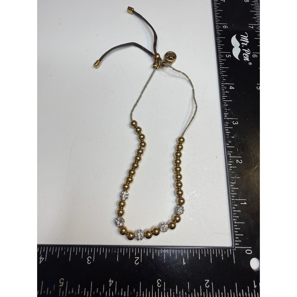 Michael Kors Gold Tone Pave Crystal Bead Adjustable Slider Bracelet MK Logo